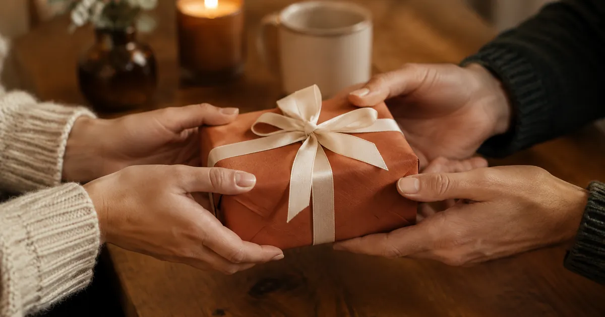 Hands exchanging a beautifully wrapped gift with terracotta paper and cream ribbon