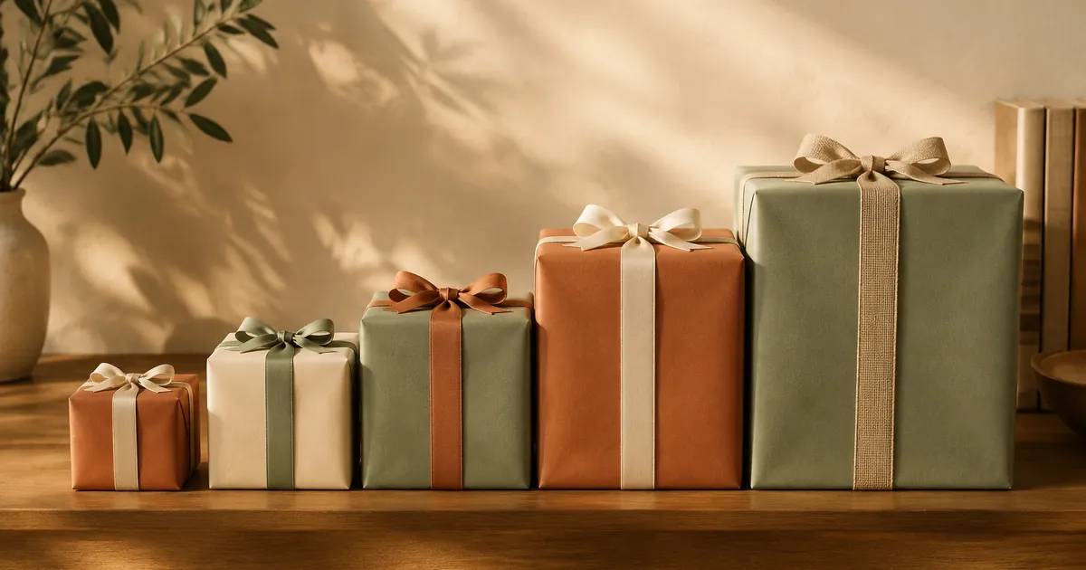 A row of gift boxes in ascending size wrapped in warm terracotta, cream and sage paper