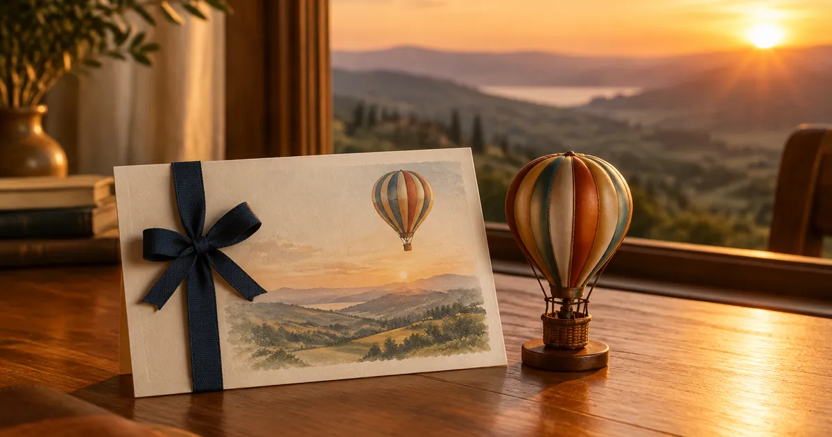 A gift voucher card and small hot air balloon figurine on a wooden table at sunset