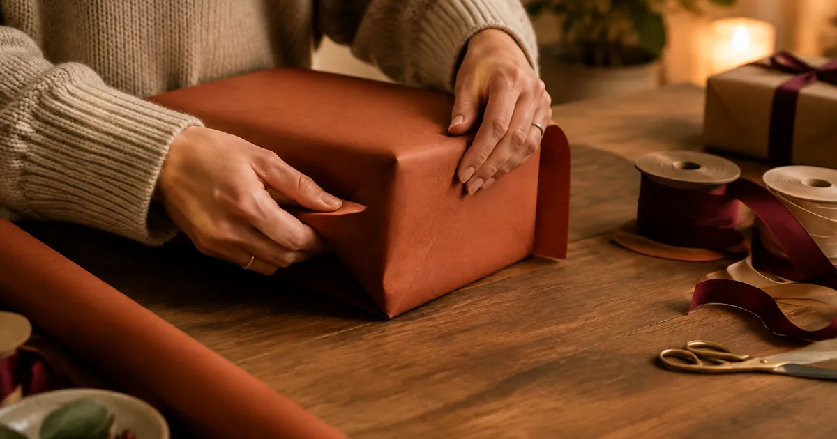 Hands folding warm terracotta wrapping paper around a gift box with ribbon spools nearby