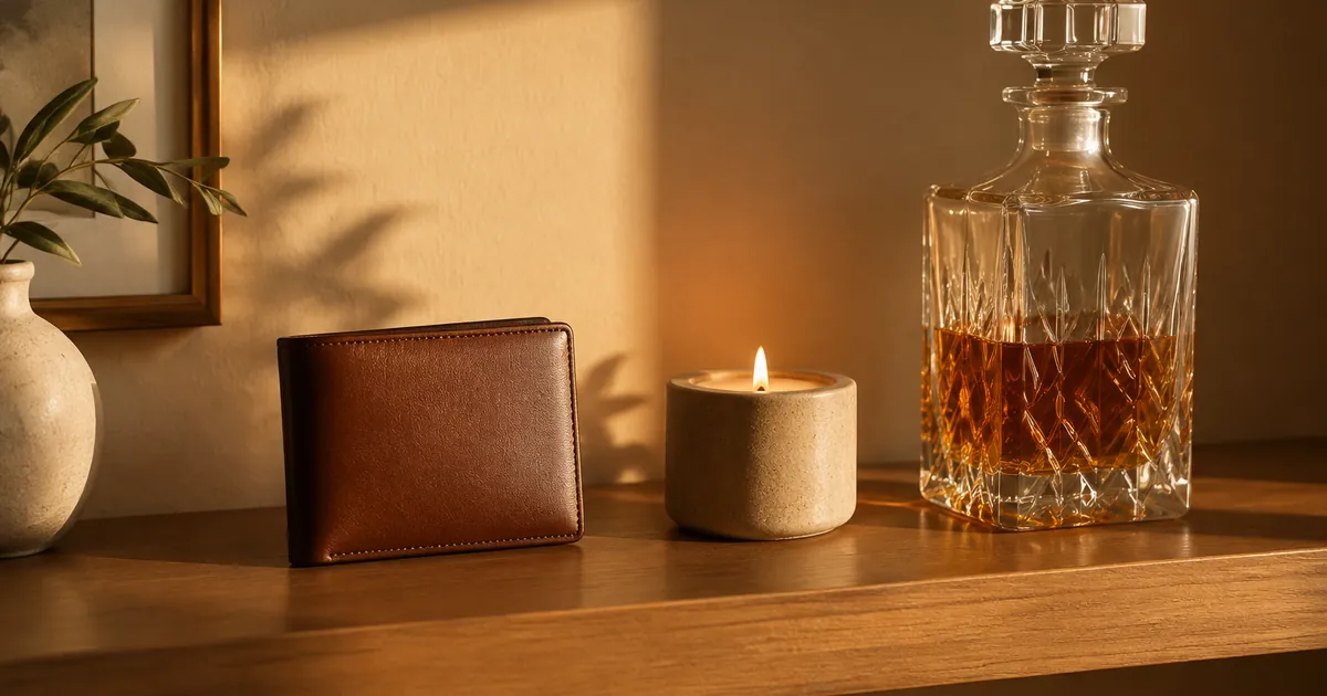 A minimalist shelf with a leather wallet, candle and crystal decanter in warm light
