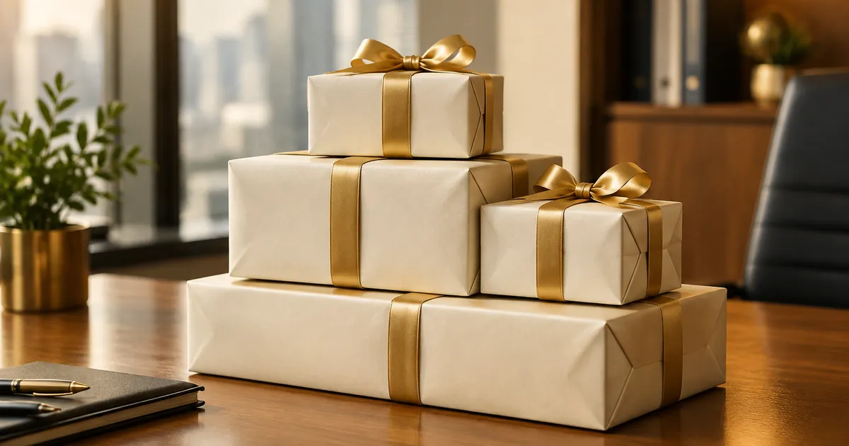 A stack of matching gift boxes wrapped in elegant cream paper with gold ribbon in an office