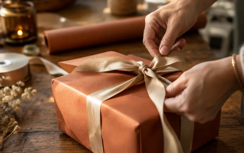 Hands tying a silk ribbon around a gift wrapped in terracotta paper