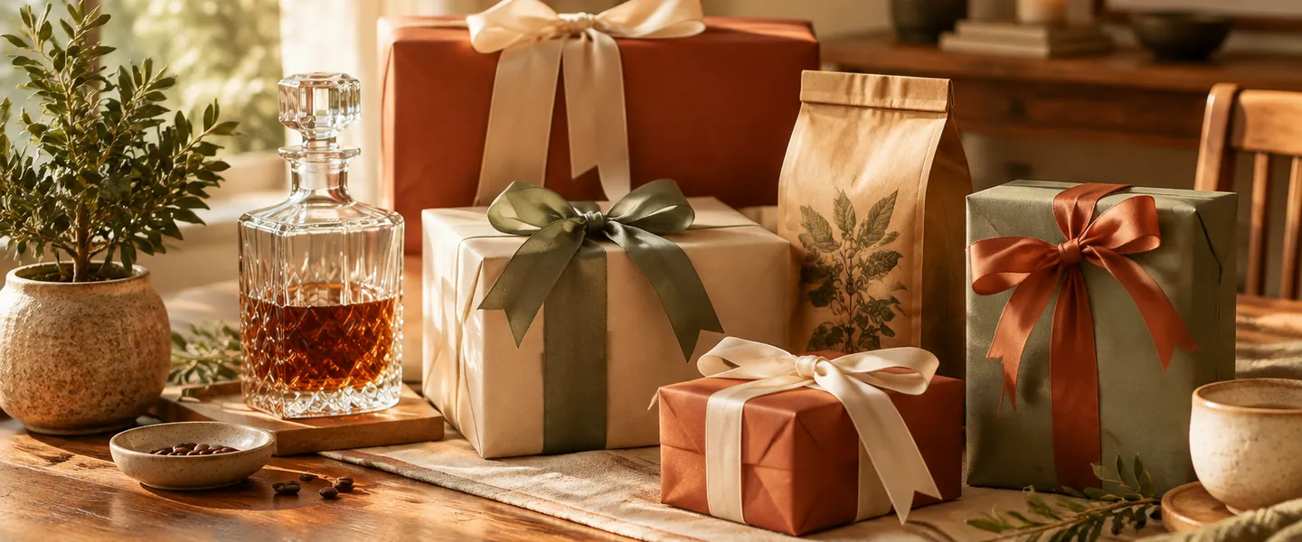 Wrapped gifts in warm terracotta and cream with a crystal decanter and coffee on a wooden table